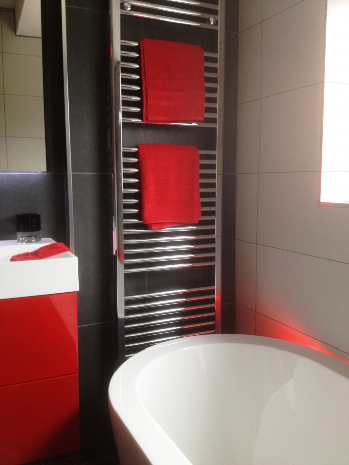 Domestic bathroom project. Colour scheme built around Proclad Dark Cherry panels.
